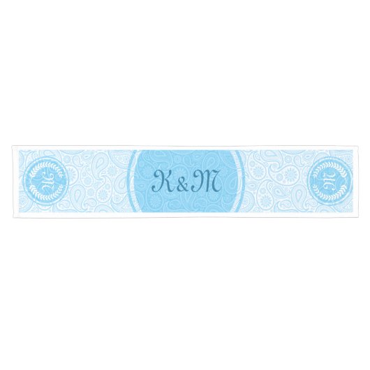 Monogramed Wit & Blauw Paisley & Krans Korte Tafelloper (Horizontaal)