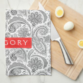 Monogramed wit en grijs bloemen paisley theedoek (Quarter Fold)