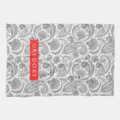 Monogramed wit en grijs bloemen paisley theedoek (Horizontaal)