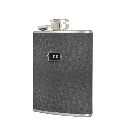 Monogramed zwarte, zwarte, zwarte lederen, maatkol heupfles (Links)