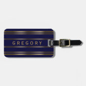 MonogramedNavy Blue en Gold Stripes Pattern Bagagelabel (Voorkant horizontaal)