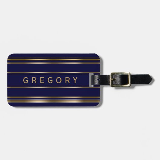 MonogramedNavy Blue en Gold Stripes Pattern Bagagelabel (Voorkant horizontaal)