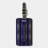 MonogramedNavy Blue en Gold Stripes Pattern Bagagelabel (Voorkant verticaal)