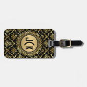 MonogramedZwart & Goud Bloemen Damasks 2 Bagagelabel (Voorkant horizontaal)
