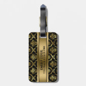 MonogramedZwart & Goud Bloemen Damasks 2 Bagagelabel (Achterkant verticaal)