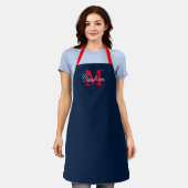 Monogramkeuken op marinenblauw en rood schort (Gedragen)