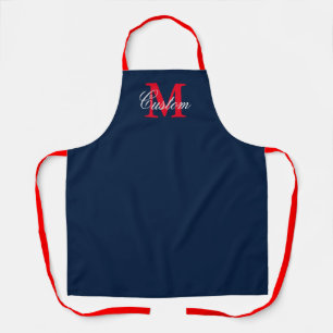 Monogramkeuken op marinenblauw en rood schort