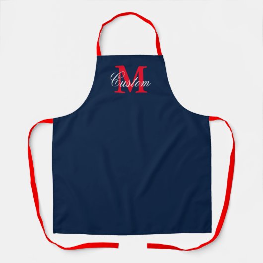 Monogramkeuken op marinenblauw en rood schort (Voorkant)