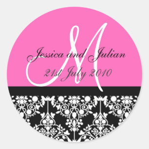 Monogramlabels - Damask Trellis - Black/Hot Pink Ronde Sticker