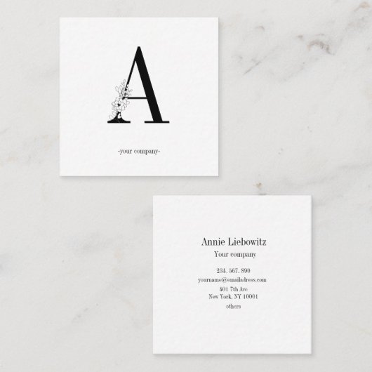 Monogramm, minimalistic Blumen schwarz weiss Vierkante Visitekaartje (Voorkant / Achterkant)
