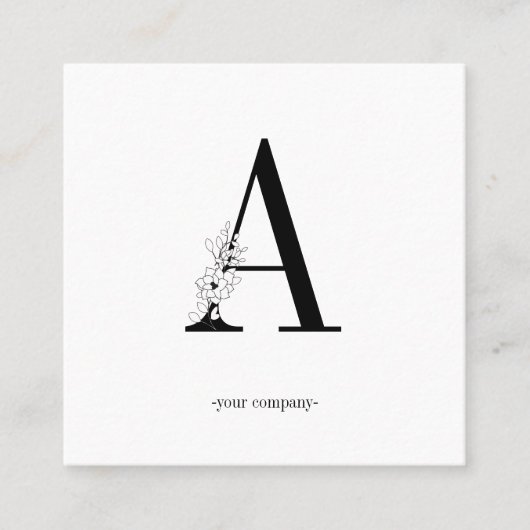 Monogramm, minimalistic Blumen schwarz weiss Vierkante Visitekaartje (Voorkant)