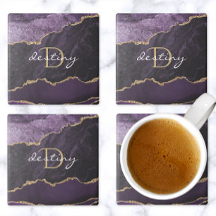 Monogramma Agaat Geode Paars Goud Stenen Onderzetter