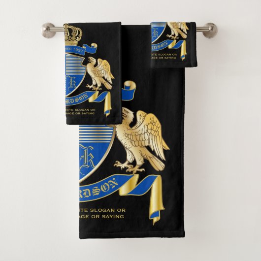 Monogrammat van wapenblauw-goudmakreel bad handdoek (Insitu)
