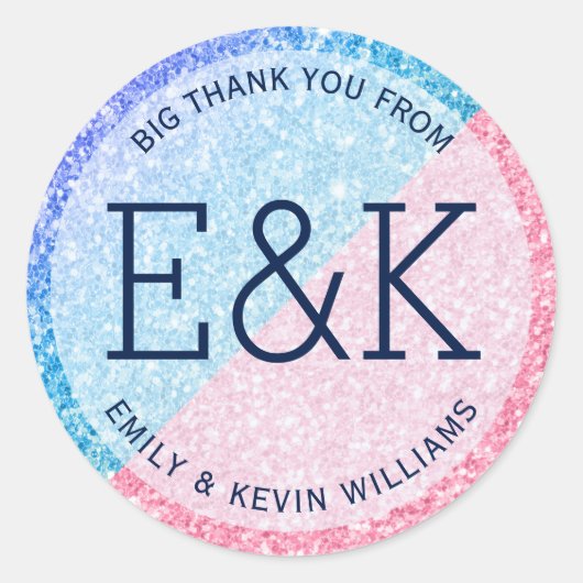 Monogrammaticaal roze en blauw Glitter Geometrisch Ronde Sticker (Voorkant)