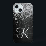 Monogramme à étincelle noire à Parties scintillant<br><div class="desc">Personnalisez facilement ce design élégant et branché de boîtier de téléphone avec une jolie parties scintillant brillante en argent sur un arrière - plan métallique brossé noir.</div>
