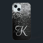 Monogramme à étincelle noire à Parties scintillant<br><div class="desc">Personnalisez facilement ce design élégant et branché de boîtier de téléphone avec une jolie parties scintillant brillante en argent sur un arrière - plan métallique brossé noir.</div>
