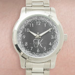 Monogramme à étincelle noire à Parties scintillant<br><div class="desc">Personnalisez facilement ce design élégant et branché de montre avec une jolie parties scintillant brillante argentée sur un arrière - plan métallique brossé noir.</div>