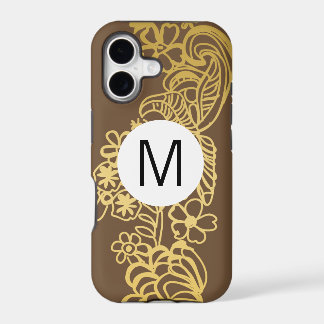 monogramme à motif floral doré marron