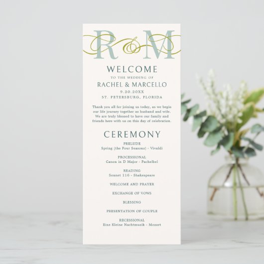 Monogramme Ampersand Sage Green Wedding Programme (Debout devant)