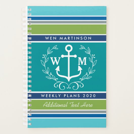 Monogramme Ancre Laurel Wreath Stripes Aqua (Devant)
