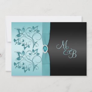 Monogramme Aqua, Faire-part de mariage floral noir