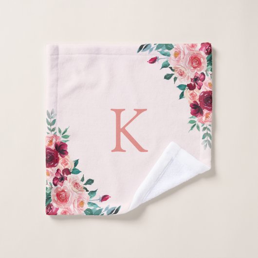 Monogramme Aquarelle Boho rose Bourgogne Rose Flor (Gant de toilette)