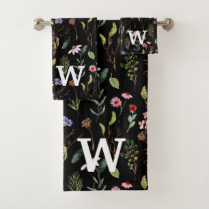 Monogramme aquarelle fleur sauvage noire blanche e