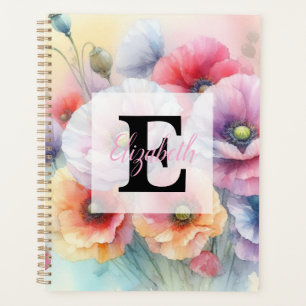Monogramme aquarelle florale fleurs de pavot roses
