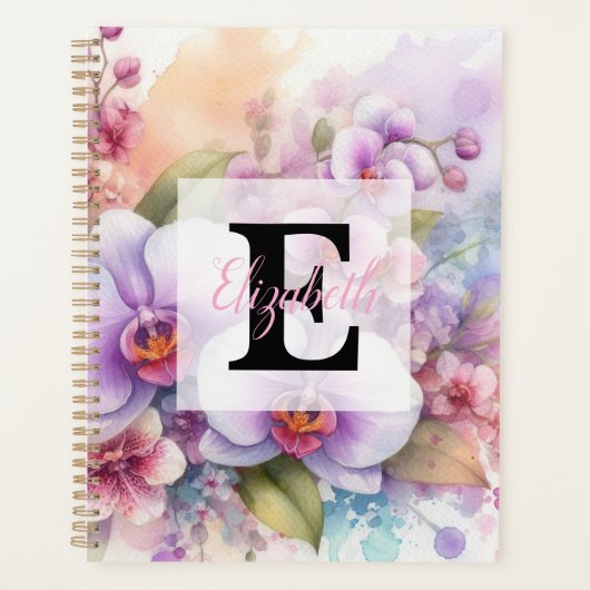Monogramme aquarelle florale fleurs d'orchidée ros (Devant)