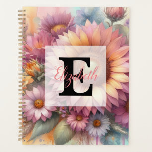 Monogramme aquarelle florale rose jaune tournesol