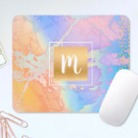 Monogramme aquarelle or turquoise orange violet<br><div class="desc">Un carré monogramme brillant et imitation feuille d'or et des points oblongs recouvrent un arrière - plan pastel bleu turquoise, violet, rose et jaune orange sur cette mousepad chic, girly, moderne monogramed. Fait une déclaration chic et élégante à chaque utilisation. Un grand cadeau pour un ami, ainsi que vous-même! Il...</div>