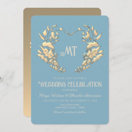 Monogramme baroque Faire-part de mariage or bleu (Devant / Derrière)