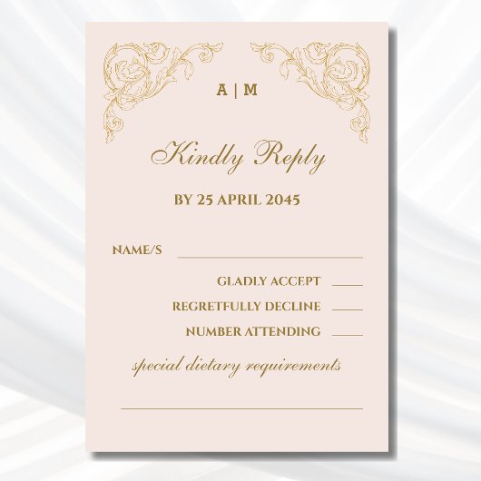 Monogramme beige Vintage Mariage baroque Carte RSV