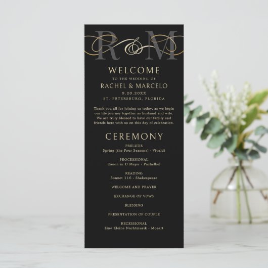 Monogramme Black Gold Elegant Wedding Programme (Debout devant)