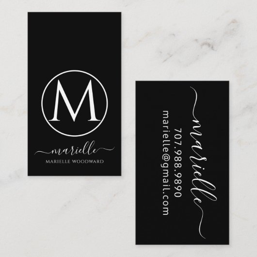 Monogramme blanc Chic sur carte d'appel noire (Devant / Derrière)