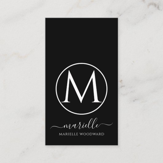 Monogramme blanc Chic sur carte d'appel noire (Devant)