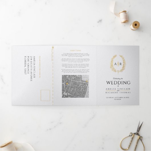 Monogramme blanc or noir repas mariage RSVP carte (Extérieur)