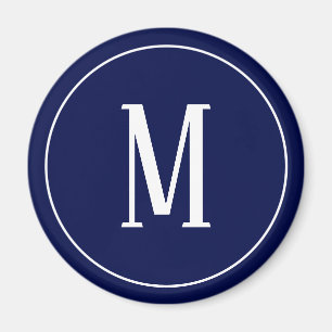 Monogramme blanc sur aimant rond bleu marine