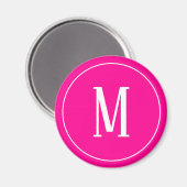Monogramme blanc sur aimant rond rose chaud (Recto/Verso)