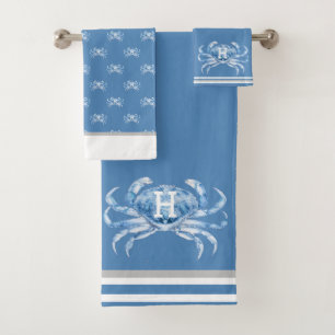 Monogramme Bleu Aquarelle Crabe Côtière Nautique
