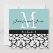Monogramme bleu blanc Damas Faire-part de mariage (Devant)