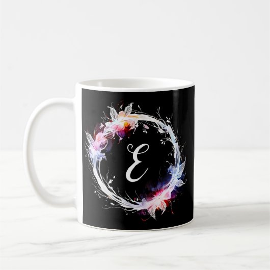 Monogramme Bleu Blanc Rose Floral Wreath Mug (Gauche)