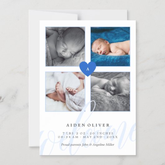 Monogramme bleu - Collage photo Faire-part bébé (Recto)