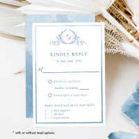 Monogramme bleu et aquarelle Mariage élégant RSVP