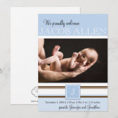 Monogramme bleu et Brown Faire-part bébé garçon (Devant / Derrière)