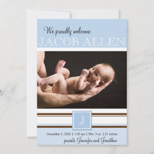 Monogramme bleu et Brown Faire-part bébé garçon