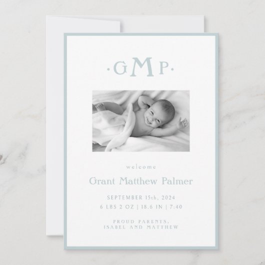 Monogramme bleu Faire-part bébé garçon (Devant)