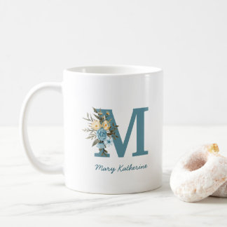 Monogramme bleu floral Mug café personnalisé