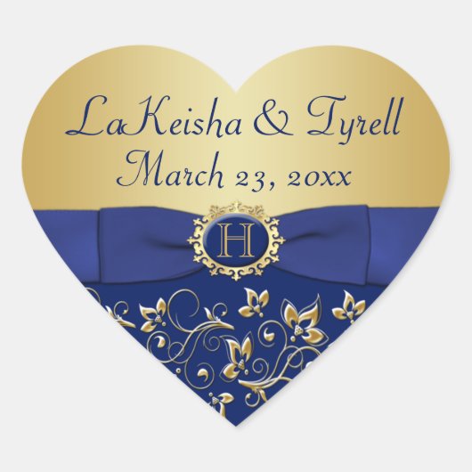 Monogramme bleu, Gold Floral Wedding Favor Sticker (Devant)