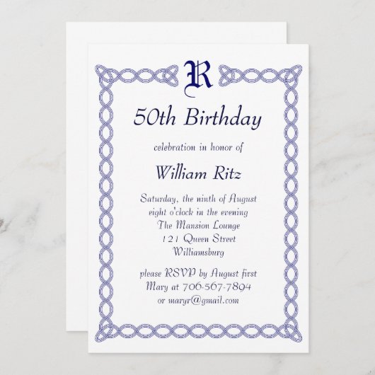 Monogramme bleu Invitation d'anniversaire (Devant / Derrière)